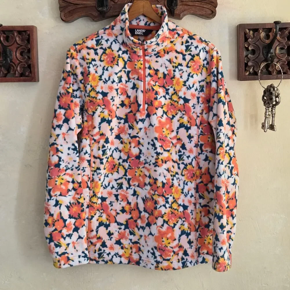 Lands End Womens Pullover 1/4 Zip Fleece Orange Floral Long Sleeve Cozy NWOT✨️L